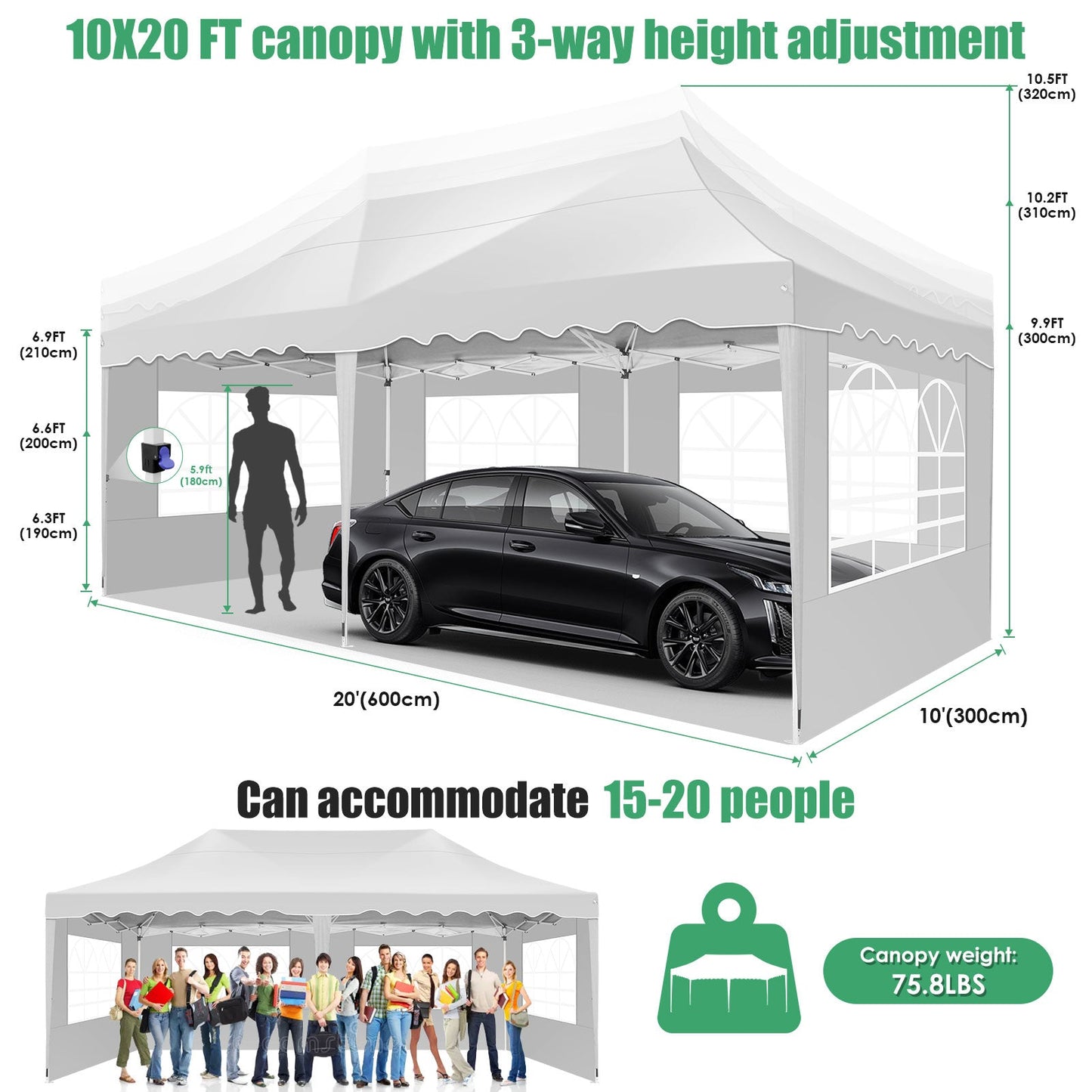 JUSTTENT 10x20 Pop up Canopy Tent Commercial Instant Canopy with 6 Sidewalls