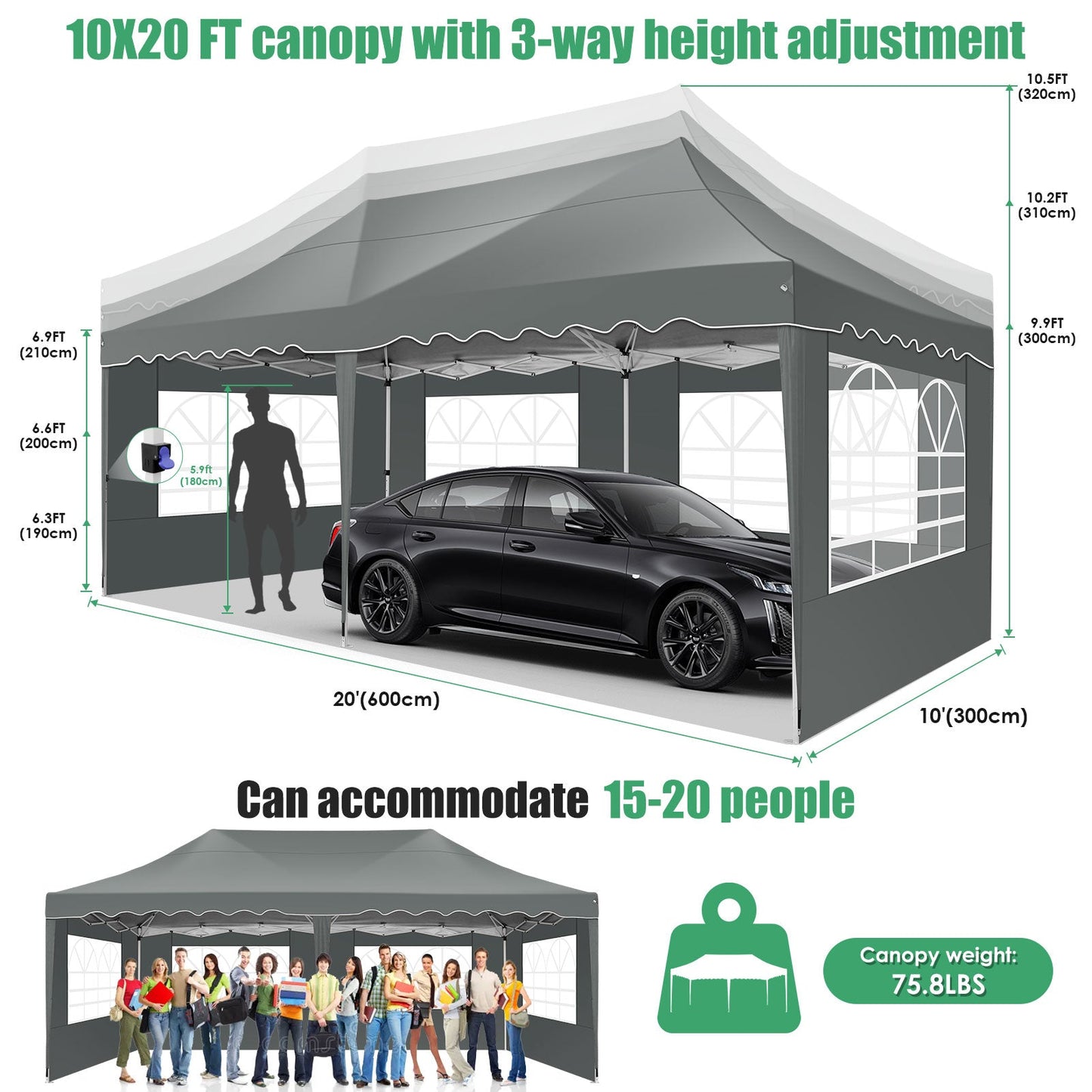 JUSTTENT 10x20 Pop up Canopy Tent Commercial Instant Canopy with 6 Sidewalls