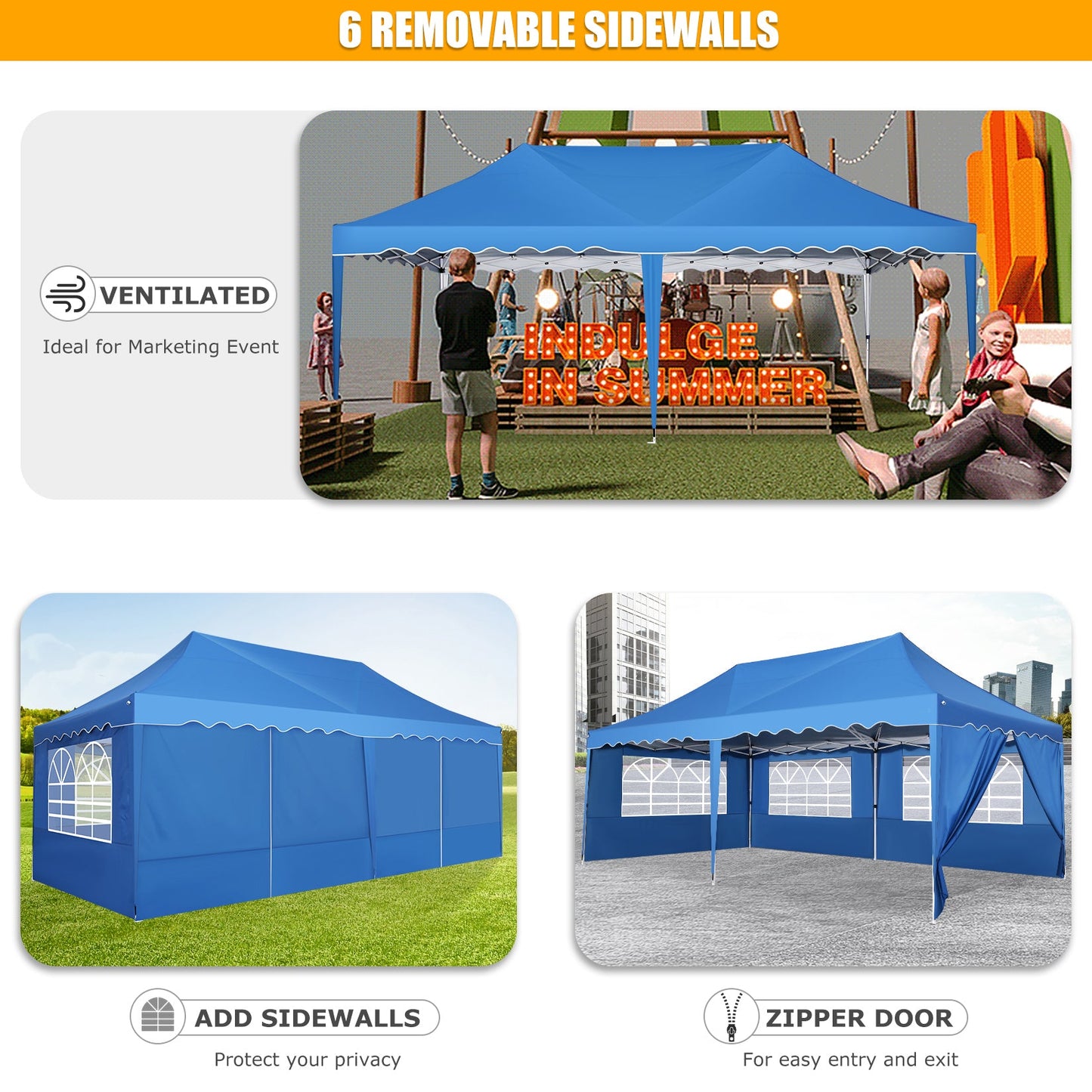 JUSTTENT 10x20 Pop up Canopy Tent Commercial Instant Canopy with 6 Sidewalls
