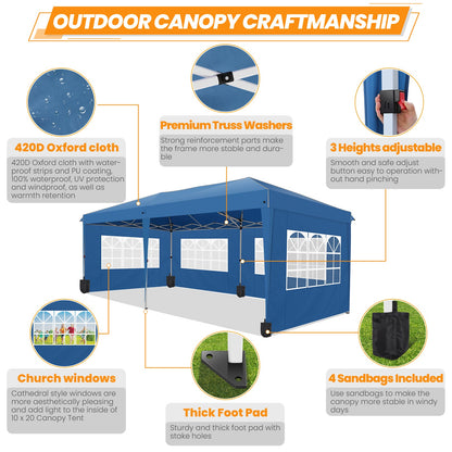 Pop Up Canopy Tent for Backyard,10x20 Canopy with 6 Removable Sidewalls