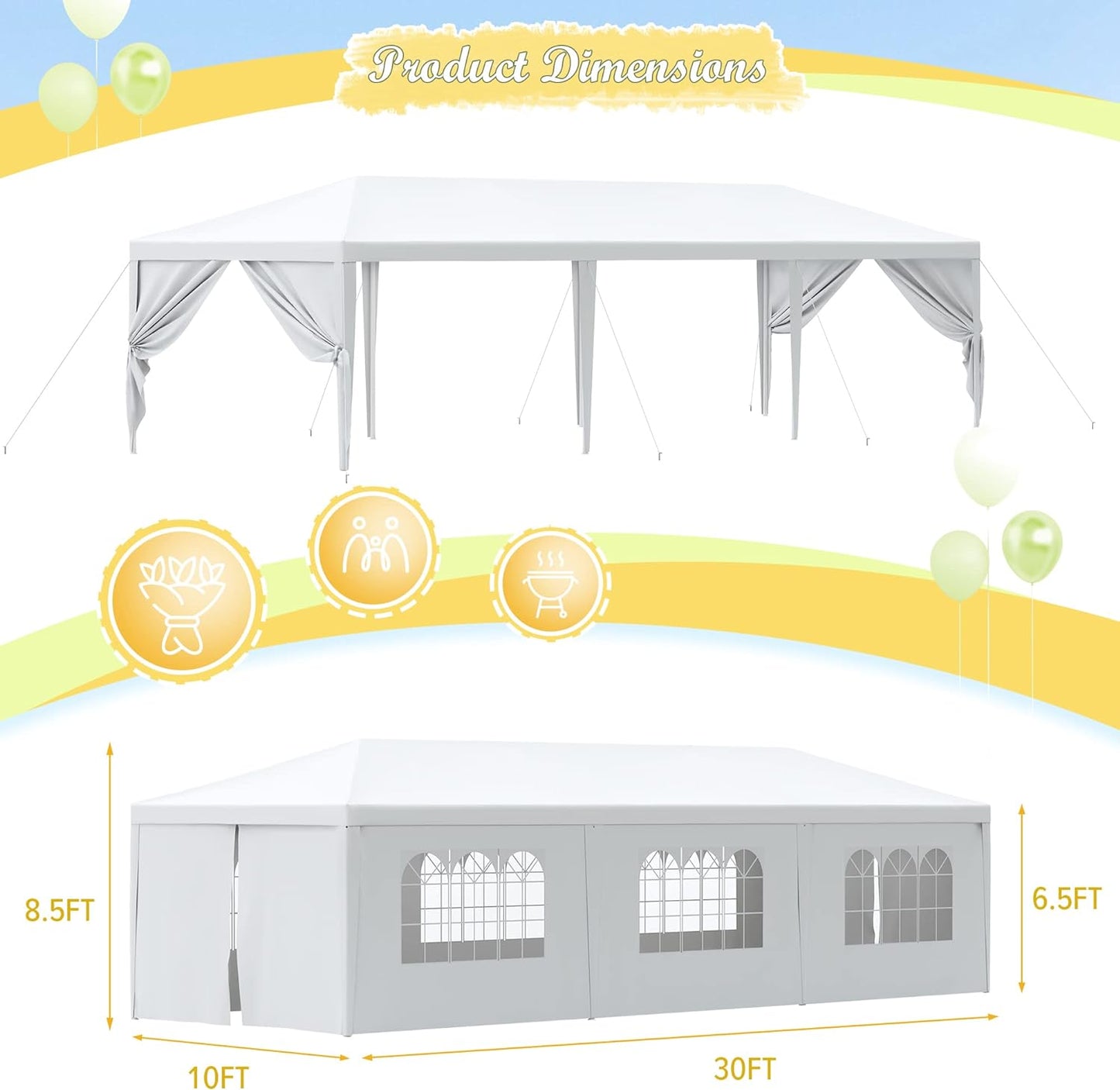 Party Tent 10x30 Canopy Tents for Parties with 8 Removable Sidewalls