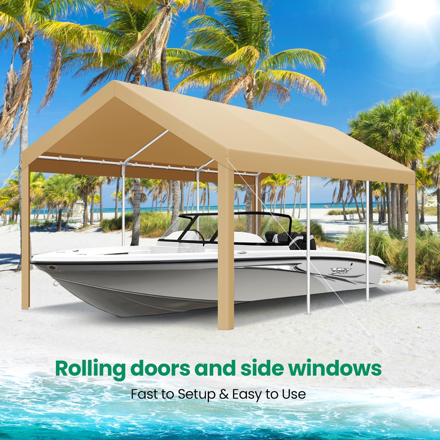 Portable Garage Metal Steel Frame & Polyester Top Carport Shelter for Outdoor Truck Boat