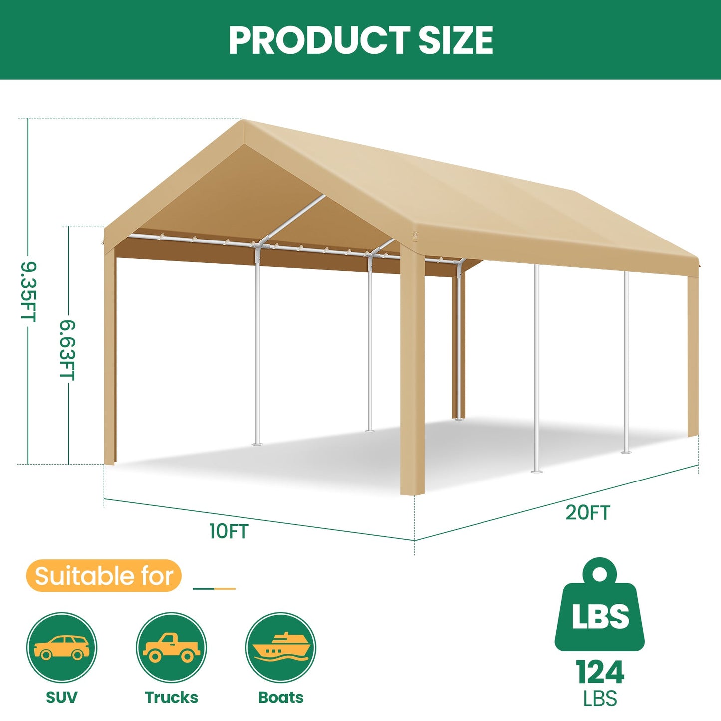Portable Garage Metal Steel Frame & Polyester Top Carport Shelter for Outdoor Truck Boat