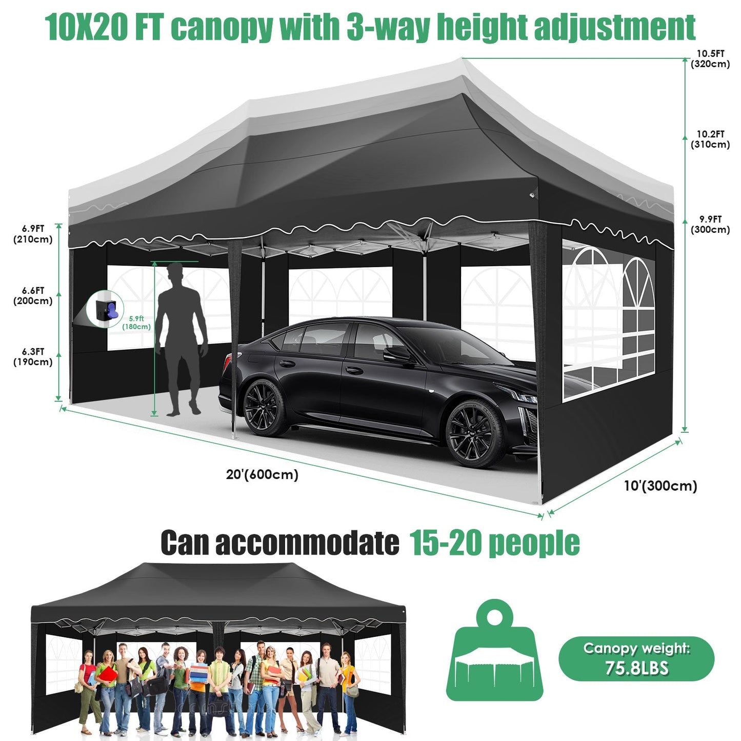 JUSTTENT 10x20 Pop up Canopy Tent Commercial Instant Canopy with 6 Sidewalls