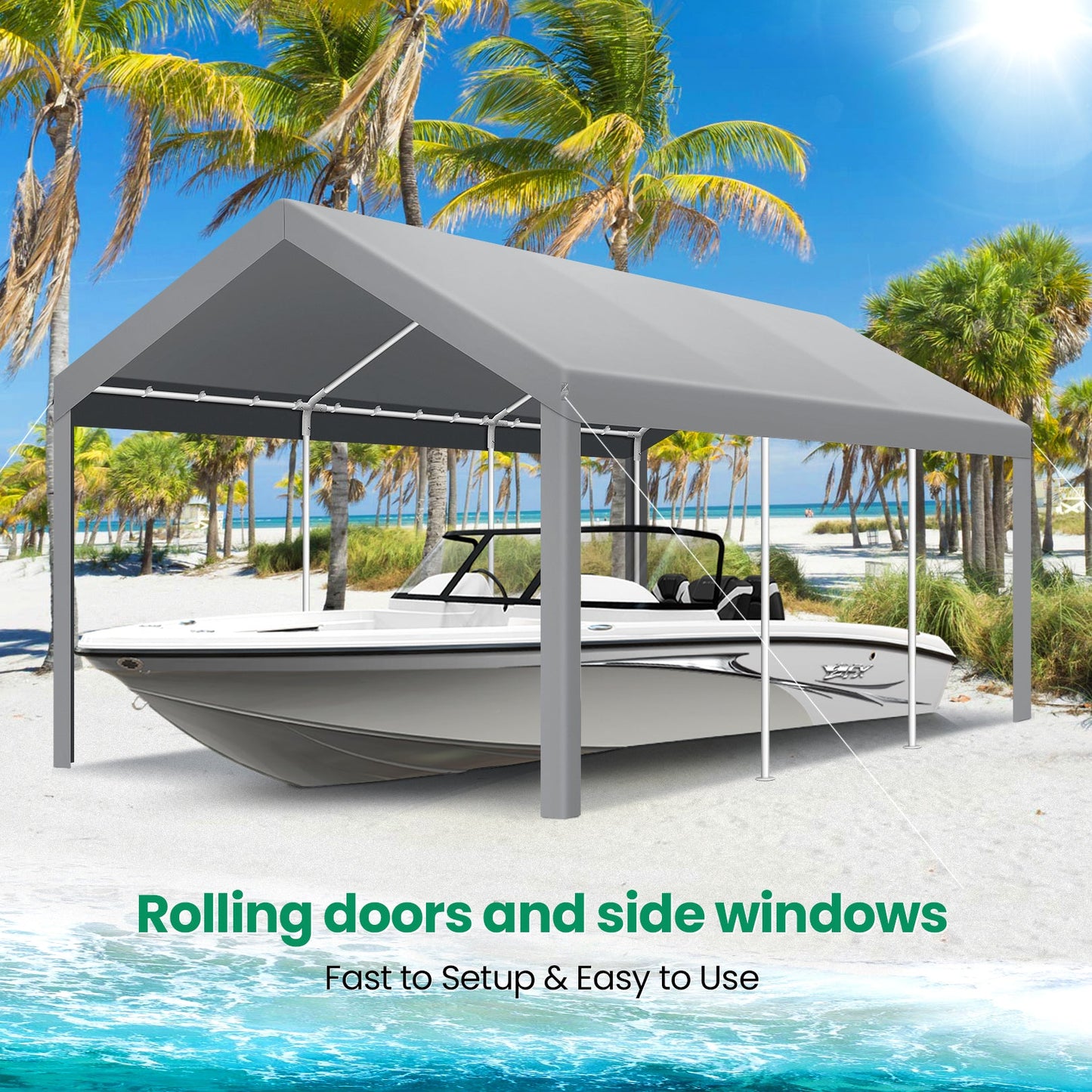 Portable Garage Metal Steel Frame & Polyester Top Carport Shelter for Outdoor Truck Boat