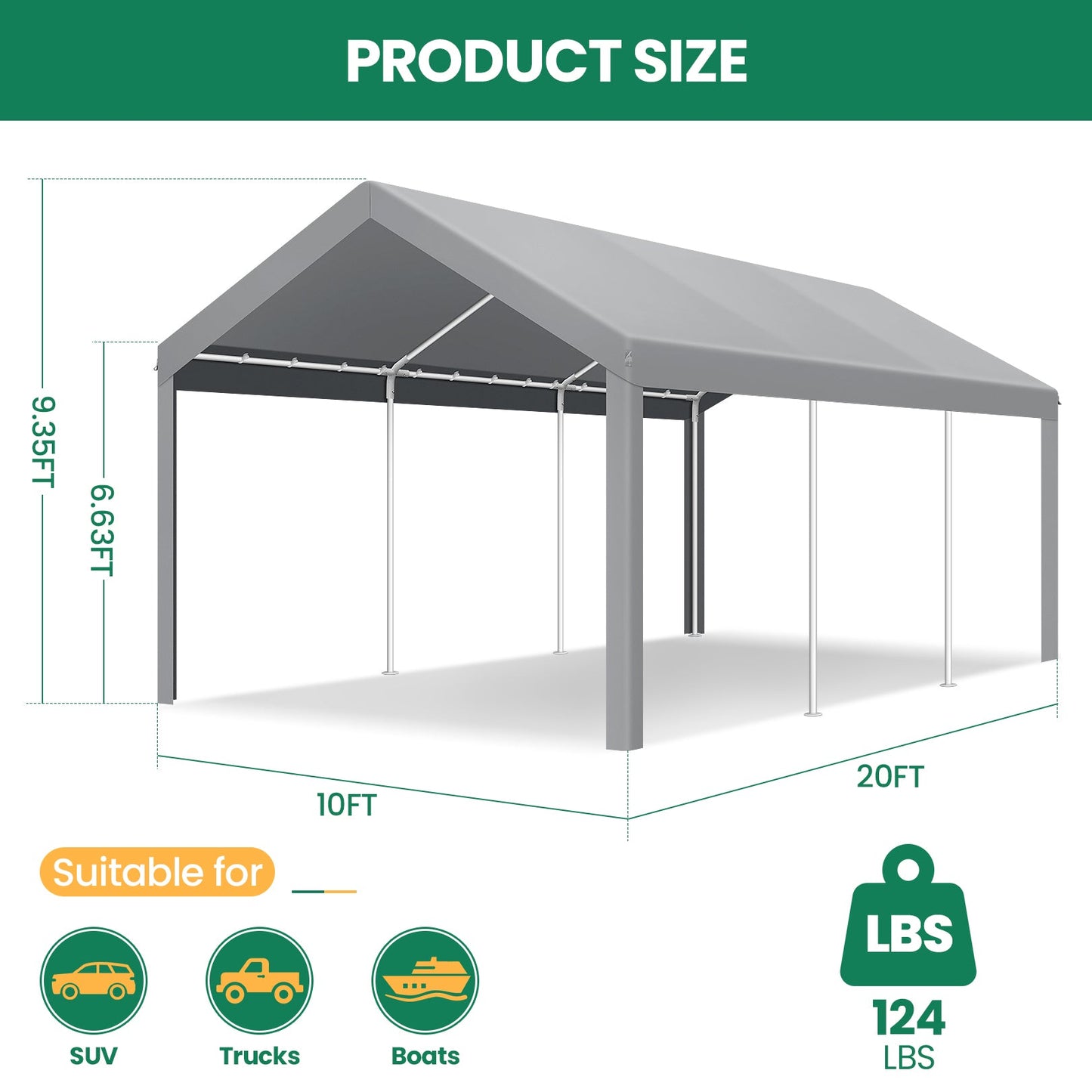 Portable Garage Metal Steel Frame & Polyester Top Carport Shelter for Outdoor Truck Boat