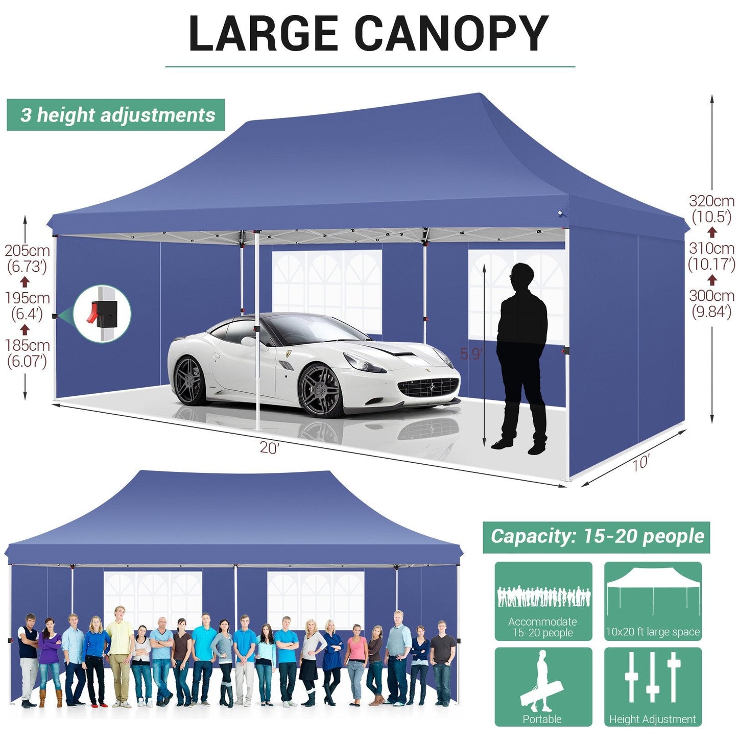 10'x20' Pop up Canopy Tent with 6 Removable Sidewalls